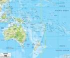 Χάρτης της Ωκεανίας. Ηπείρου που σχηματίζεται από την Αυστραλία και άλλα νησιά και αρχιπελάγη στον Ειρηνικό Ωκεανό